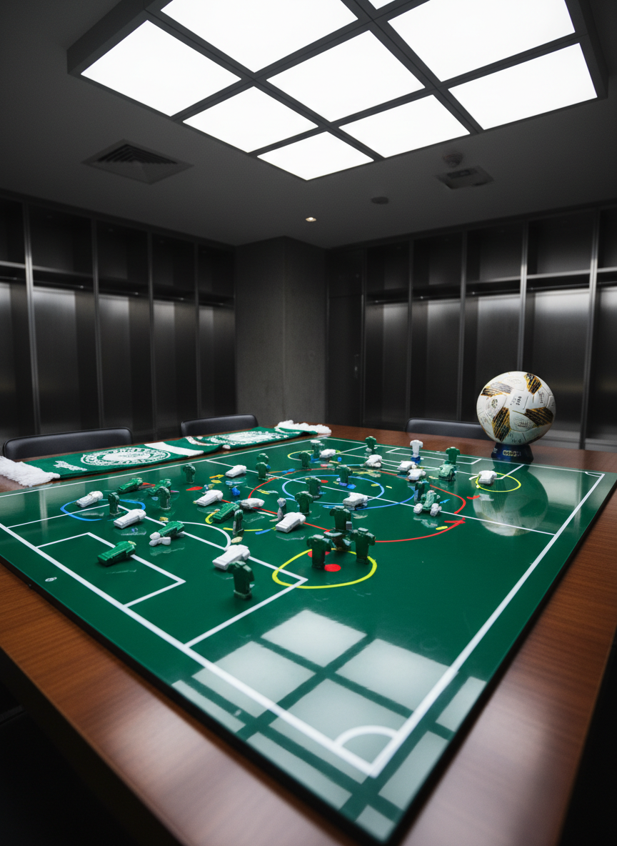 A meticulously detailed tactical soccer board painted in Palmeiras green stands on a sleek dark wooden table inside a modern locker room. Magnetic pieces shaped like jerseys in green and white form complex strategic formations, arrows and circles drawn in bright neon marker to represent an intricate mundial challenge. Open green and white scarves are neatly folded beside the board, and a polished official match ball rests nearby. Overhead stadium-style LED lighting casts crisp, even illumination with subtle reflections on the glossy board surface. The composition is shot from a slightly elevated, three-quarter angle with photographic realism, capturing sharp focus across the scene and conveying a mood of intense strategy, concentration, and fanatic preparation for a legendary world title test.