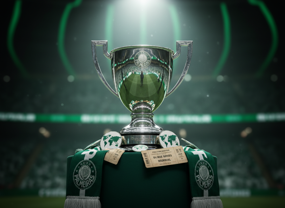 A dramatic close-up of an official trophy-style silver cup, its surface flawlessly polished to mirror finish, standing on a pedestal wrapped in Palmeiras green fabric. Around the base, neatly arranged collectible Palmeiras mundial-themed memorabilia—limited-edition scarves, enamel pins with tiny world map icons, and vintage match tickets—tell a story of devotion and challenge. The background is a dark, blurred stadium interior with faint green lights forming a halo behind the trophy. Focused spotlighting from above creates sparkling highlights and deep, contrasting shadows, emphasizing the contours of the cup. Captured with photographic realism at eye level, the composition uses centered framing and shallow depth of field to evoke a sense of mythical difficulty and ultimate fan glory.