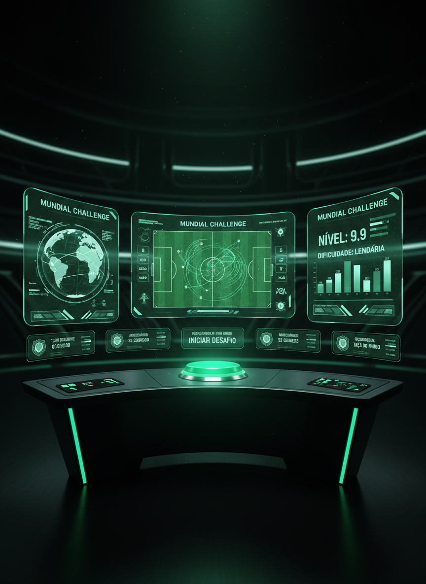 A futuristic control room interface displayed across multiple ultra-wide holographic-style screens, all bathed in Palmeiras green. Each floating panel shows detailed mundial challenge statistics: stylized global maps with illuminated routes, animated soccer pitch diagrams, and numeric difficulty levels highlighted in bright white and neon green. Below the screens, a sleek black console holds a single emerald-green illuminated button labeled “INICIAR DESAFIO.” The room is dark except for the glow of the interfaces, which cast soft green light onto a brushed metal desk surface. Photographic realism with a slightly wide-angle lens and symmetrical composition creates a high-tech, immersive mood, suggesting an elite challenge headquarters built for the most obsessive Palmeiras fans.