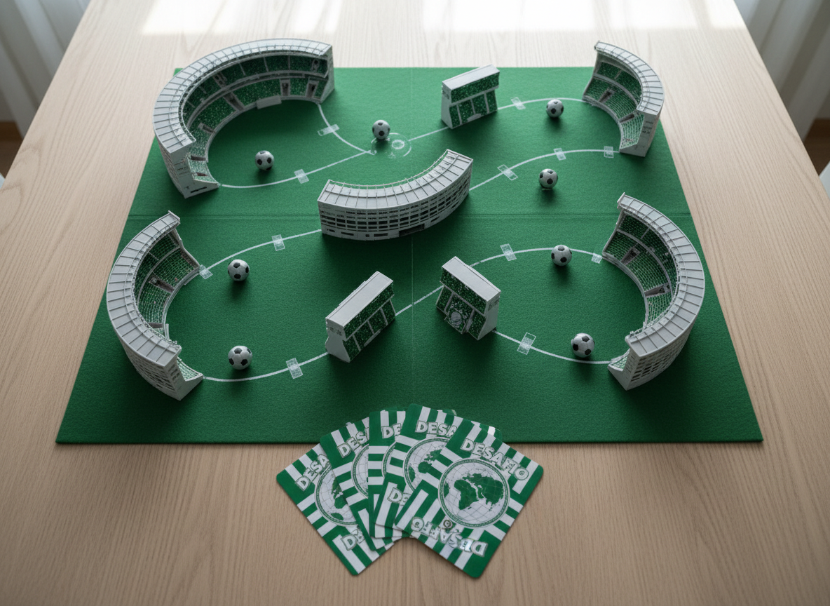 An intense overhead view of a pristine green tabletop game board inspired by a world tournament journey for Palmeiras, featuring a winding path of miniature stadium icons, tiny silver soccer balls as markers, and challenge cards fanned out dramatically. Each card back is decorated in bold green and white with stylized globes and the word “DESAFIO” in sharp lettering. The board sits on a light wood table with a subtle grain texture. Soft, diffused indoor lighting from an unseen window casts gentle, natural shadows, making the printed details crisp and vivid. Photographic realism with top-down composition and sharp focus throughout creates a playful yet demanding atmosphere, visually representing a complex challenge only the most fanatic supporters would attempt to complete.