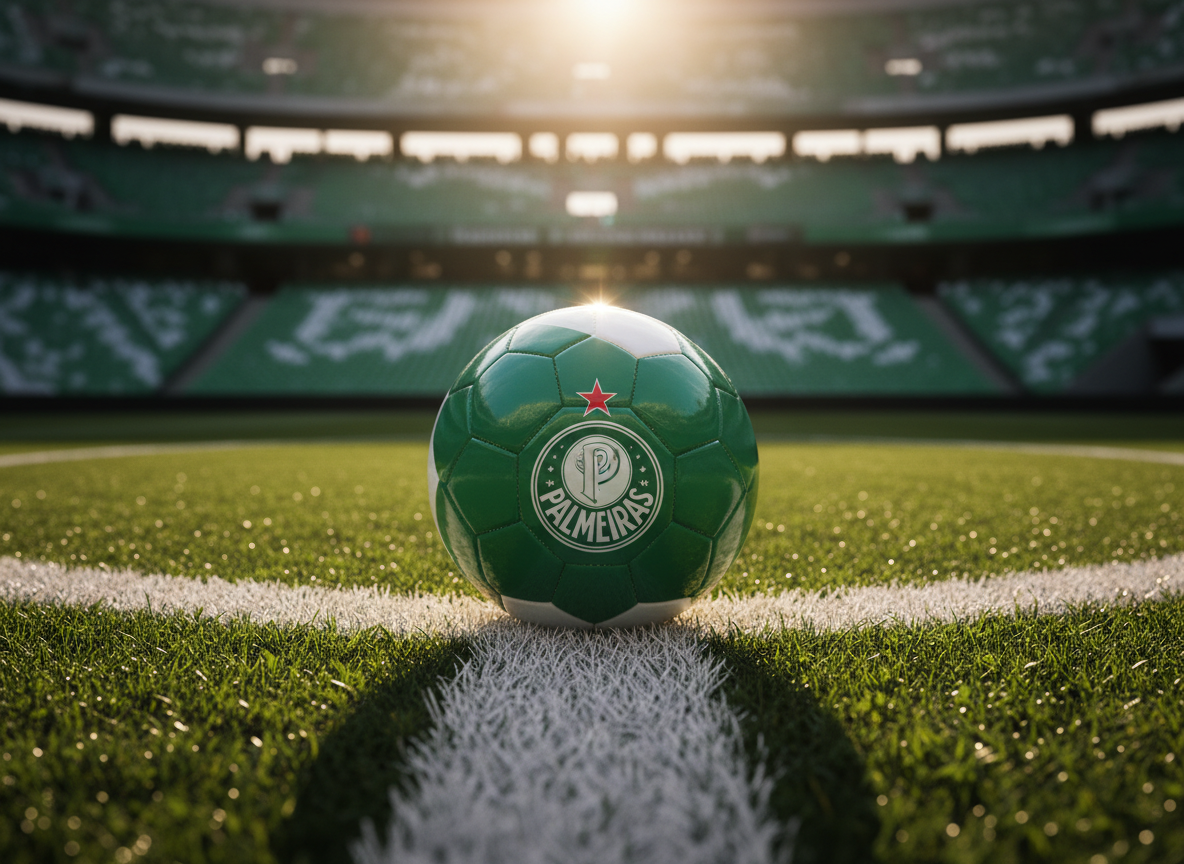 A glossy green and white soccer ball customized with the Palmeiras crest at its center rests on the immaculate white center circle line of a modern stadium pitch. The vibrant emerald grass appears freshly watered, individual blades visible in sharp detail. Stadium seats in the team’s green and white colors fade into a soft blur in the background. Late afternoon golden light floods in from the upper edges of the arena, creating bright highlights on the ball’s surface and long, dramatic shadows along the field. Photographic realism from a low, pitch-level angle with shallow depth of field enhances the sense of anticipation, capturing an intense, competitive atmosphere perfect for a high-stakes fan challenge.