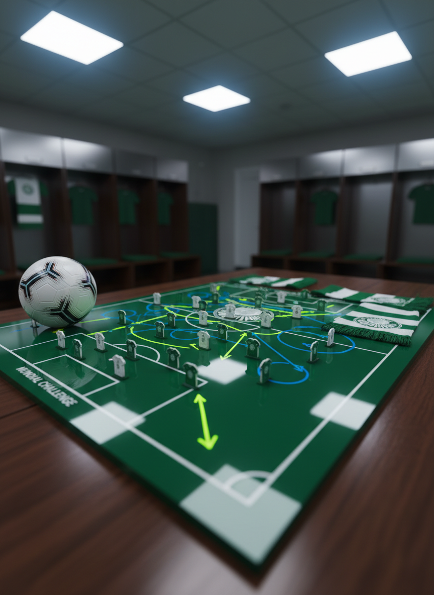 A meticulously detailed tactical soccer board painted in Palmeiras green stands on a sleek dark wooden table inside a modern locker room. Magnetic pieces shaped like jerseys in green and white form complex strategic formations, arrows and circles drawn in bright neon marker to represent an intricate mundial challenge. Open green and white scarves are neatly folded beside the board, and a polished official match ball rests nearby. Overhead stadium-style LED lighting casts crisp, even illumination with subtle reflections on the glossy board surface. The composition is shot from a slightly elevated, three-quarter angle with photographic realism, capturing sharp focus across the scene and conveying a mood of intense strategy, concentration, and fanatic preparation for a legendary world title test.